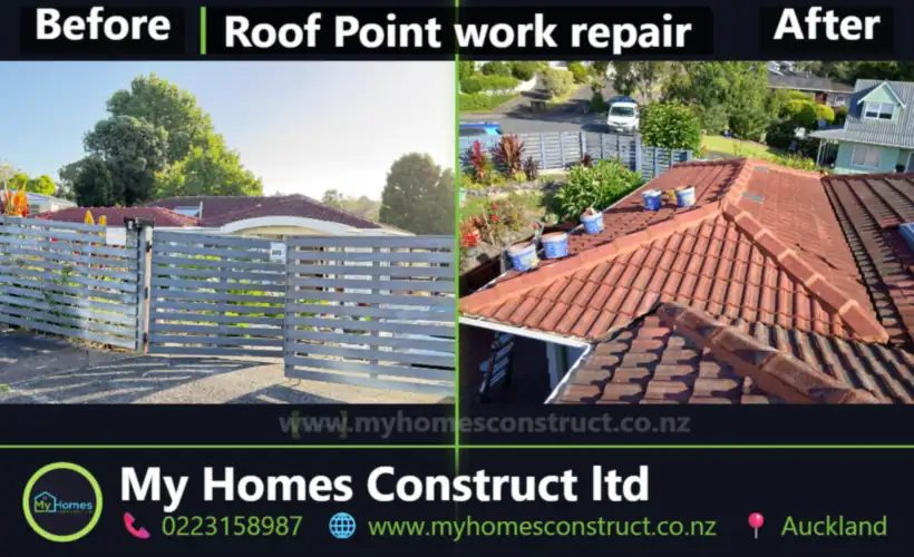 Before and after roof point work repair on a terracotta tile roof in Auckland - ridge caps re-bedded and pointed by My Homes Construct Ltd