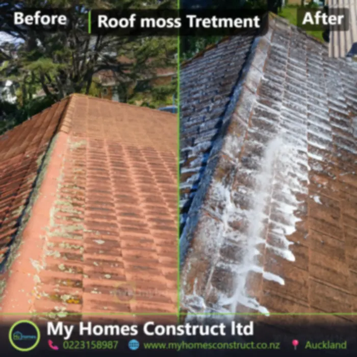 Before and after roof moss treatment on a terracotta tile roof in Auckland - heavy lichen treated by My Homes Construct Ltd