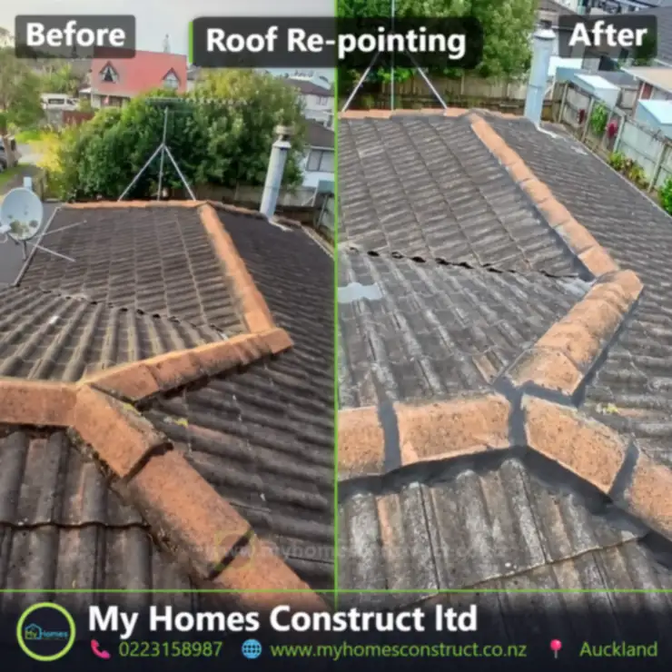 Before and after tile roof re-pointing in Auckland - cracked ridge mortar replaced with flexible pointing by My Homes Construct Ltd