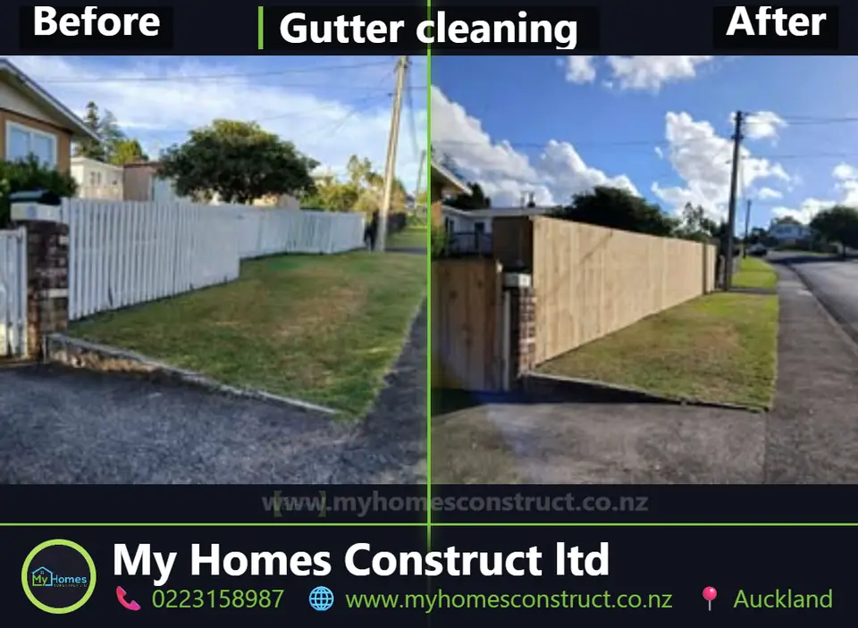 Before and after fencing in Auckland - old white paling fence replaced with a new timber boundary fence by My Homes Construct Ltd
