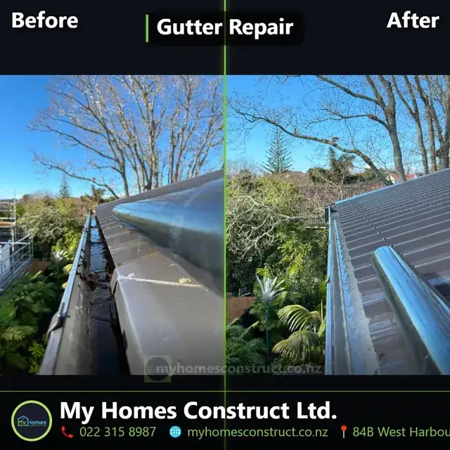 Gutter repair before and after, Auckland Before and after gutter repair on an Auckland home — leaking corner joint cleaned and re-sealed by My Homes Construct Ltd