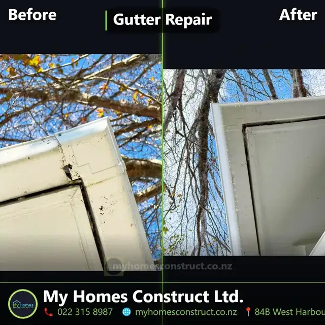Gutter repair before and after, Auckland Before and after gutter repair in Auckland — blocked, overflowing gutter cleared and re-aligned to drain correctly