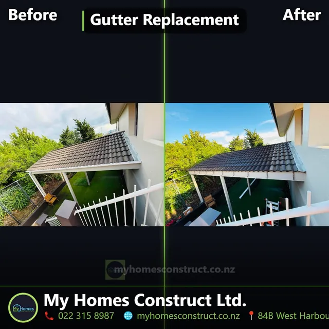 Before and after gutter replacement in Manukau, Auckland — rusted leaking spouting replaced with new white continuous gutter by My Homes Construct Ltd