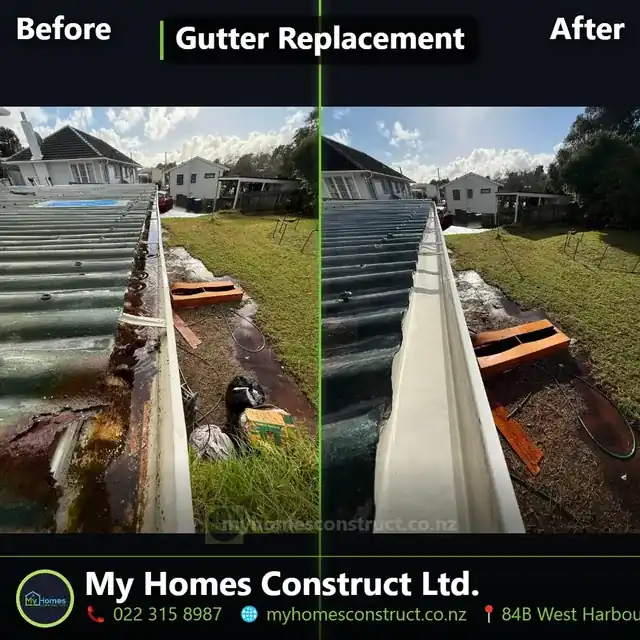 Before and after gutter replacement on a Manukau home — old pergola roofline gutters renewed by My Homes Construct Ltd