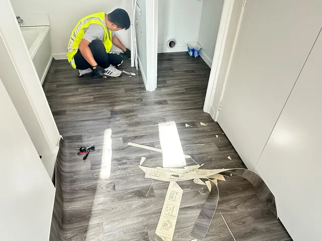 Vinyl plank flooring installation, Auckland Vinyl plank flooring installation in progress in an Auckland home by My Homes Construct Ltd